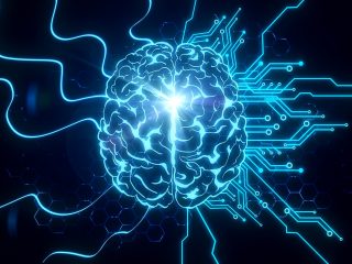 Creative glowing blue brain on circuit background. AI and innovate concept. 3D Rendering